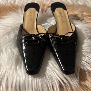 Chanel Black Leather Mules with Bow Detail